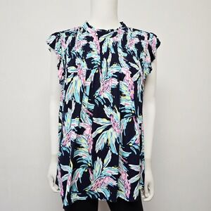 Crown & Ivy Size 1X Top Smocked Parrot Printed Ruffle Preppy Birds Floral Shirt